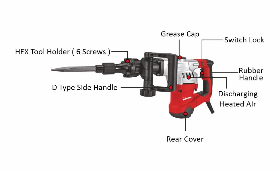 Enon 1100W Demolition Hammer 7Kg, Side Handle, Convenient & Comfortable Operation, Strong & Durable Use, 230V, 50Hz, 3900Bpm (Xe-3501) - Black