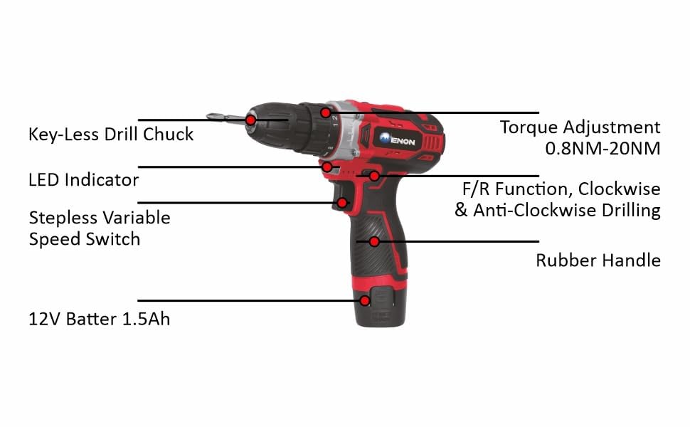 ENON 12V Cordless Drill Machine Kit Set With 86Pcs Powerful 300W Motor,2 Modes Of Speed,420-1500Rpm,Cordless Drilling Machine For Home Use Perfect For Drilling Wood,Metal (Xe-Cd1211),Multicolor