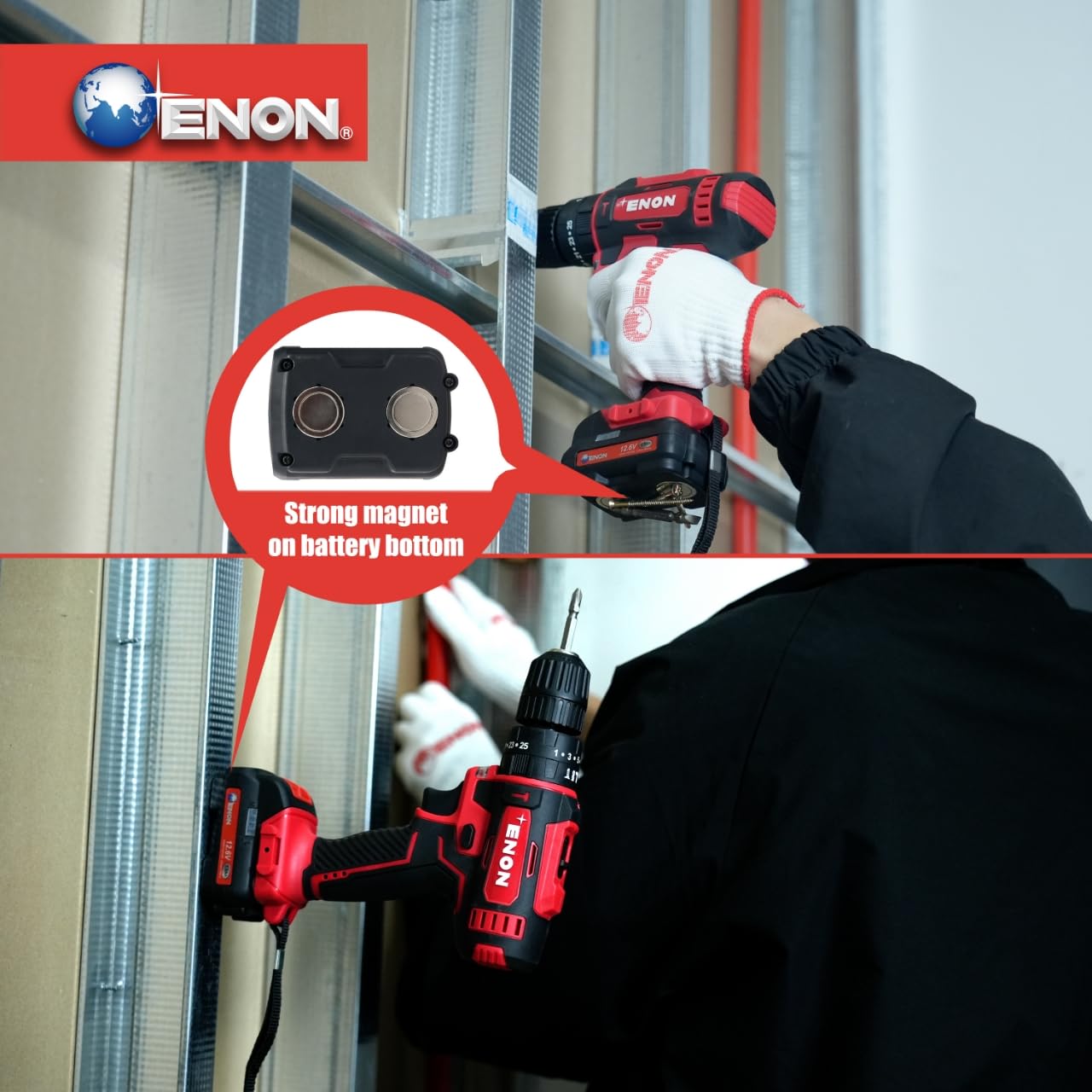 Enon Cordless Impact Drill for Home Use, 12.6V, 1500Rpm, Chuck 10mm, 25 Level Torque, F/R Trigger, 2 Modes, Magnetic Base, 2X1.5Ah Batteries, Keyless Chuck, Drill Kit - 6 Month Warranty (XE-CD1610)