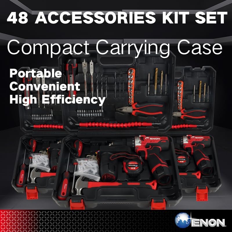 ENON 12V Cordless Drill Machine Kit Set With 86Pcs Powerful 300W Motor,2 Modes Of Speed,420-1500Rpm,Cordless Drilling Machine For Home Use Perfect For Drilling Wood,Metal (Xe-Cd1211),Multicolor