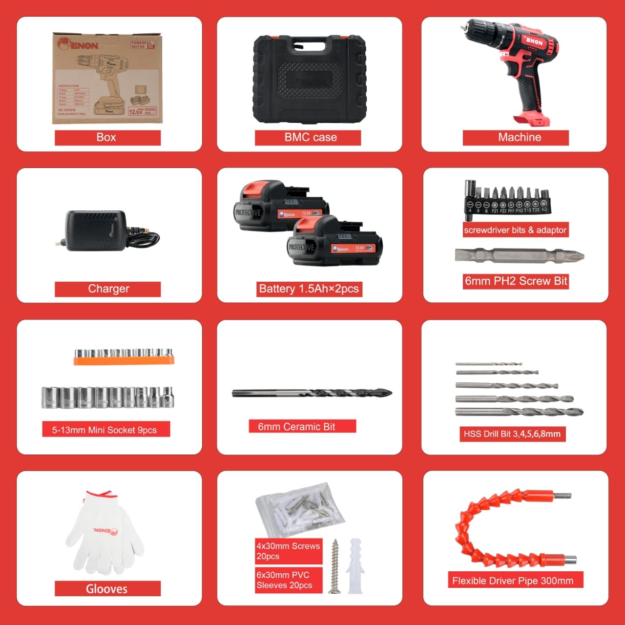 Enon Cordless Impact Drill for Home Use, 12.6V, 1500Rpm, Chuck 10mm, 25 Level Torque, F/R Trigger, 2 Modes, Magnetic Base, 2X1.5Ah Batteries, Keyless Chuck, Drill Kit - 6 Month Warranty (XE-CD1610)