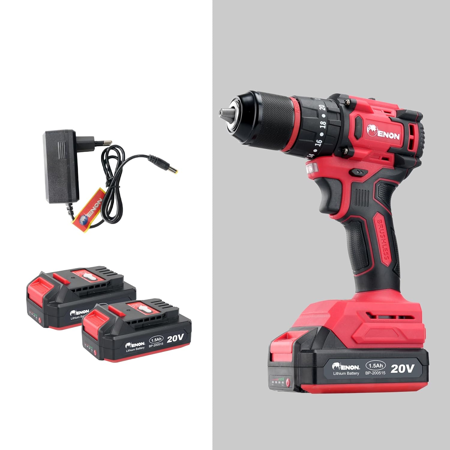 Enon Cordless 20V, Brushless Drill for Home Use, 1450Rpm, Keyless Chuck 13mm, 20 Level Torque, F/R Trigger, 2 Speed Modes, 2X1.5Ah Batteries, Kit for Wood, Ceramic 6 Month Warranty (XE-BL2012)