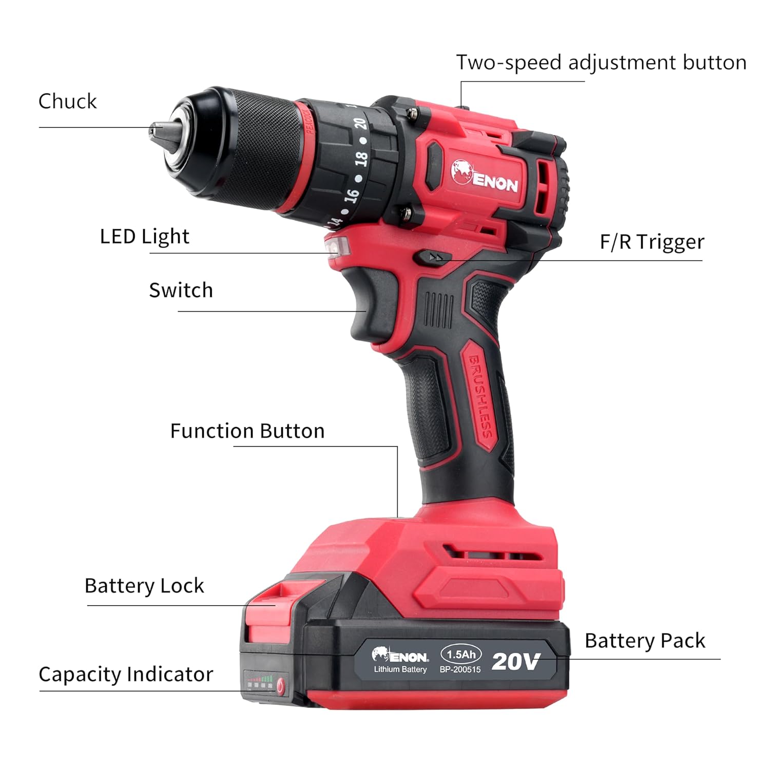Enon Cordless 20V, Brushless Drill for Home Use, 1450Rpm, Keyless Chuck 13mm, 20 Level Torque, F/R Trigger, 2 Speed Modes, 2X1.5Ah Batteries, Kit for Wood, Ceramic 6 Month Warranty (XE-BL2012)