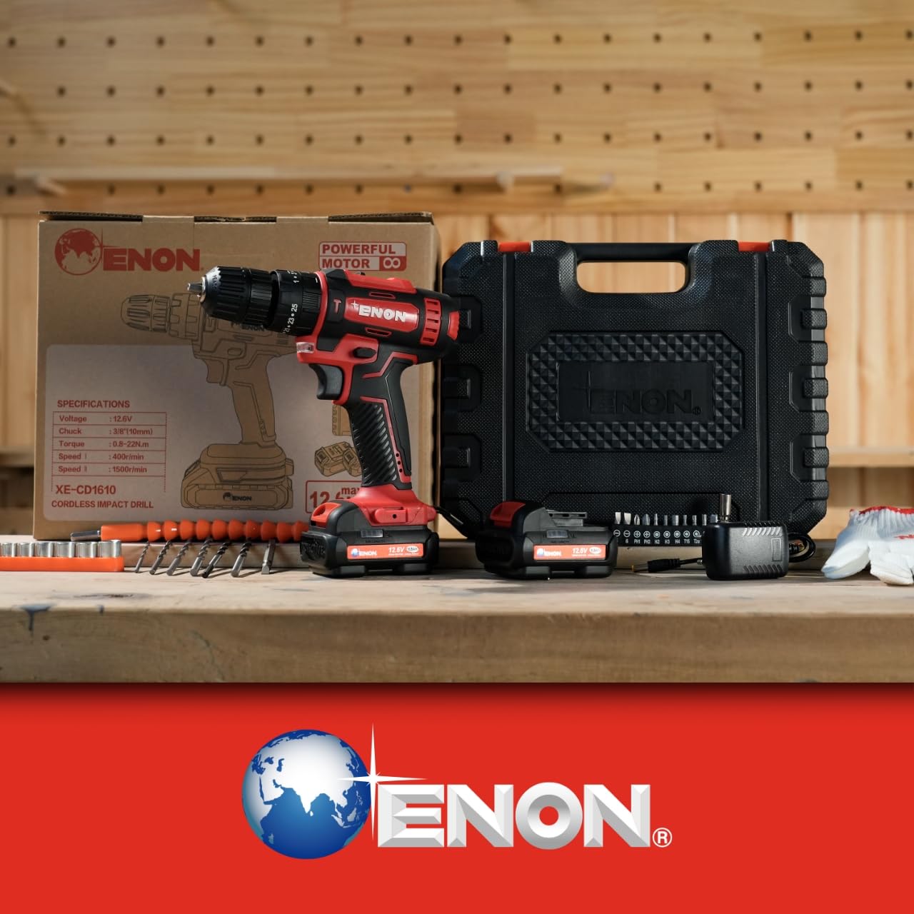 Enon Cordless Impact Drill for Home Use, 12.6V, 1500Rpm, Chuck 10mm, 25 Level Torque, F/R Trigger, 2 Modes, Magnetic Base, 2X1.5Ah Batteries, Keyless Chuck, Drill Kit - 6 Month Warranty (XE-CD1610)