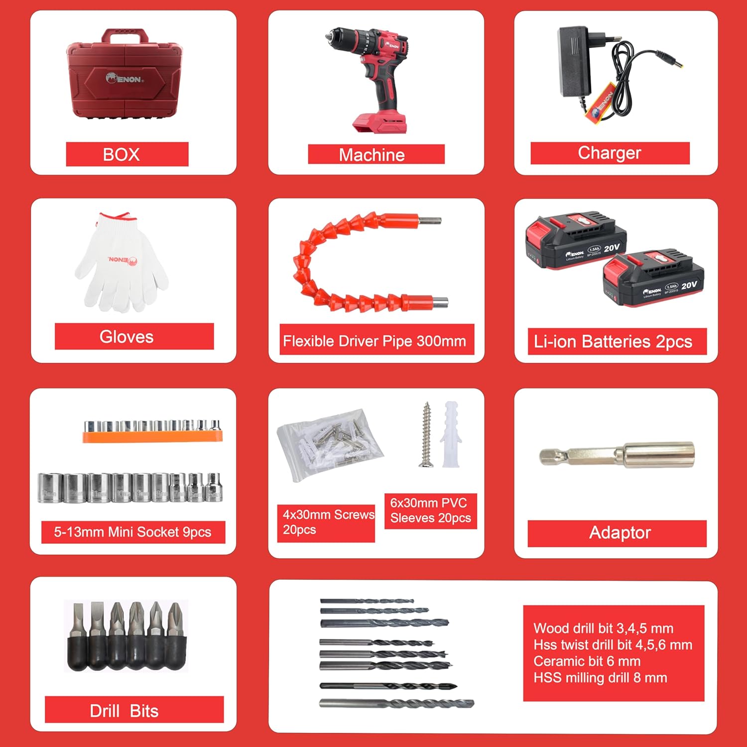 Enon Cordless 20V, Brushless Drill for Home Use, 1450Rpm, Keyless Chuck 13mm, 20 Level Torque, F/R Trigger, 2 Speed Modes, 2X1.5Ah Batteries, Kit for Wood, Ceramic 6 Month Warranty (XE-BL2012)