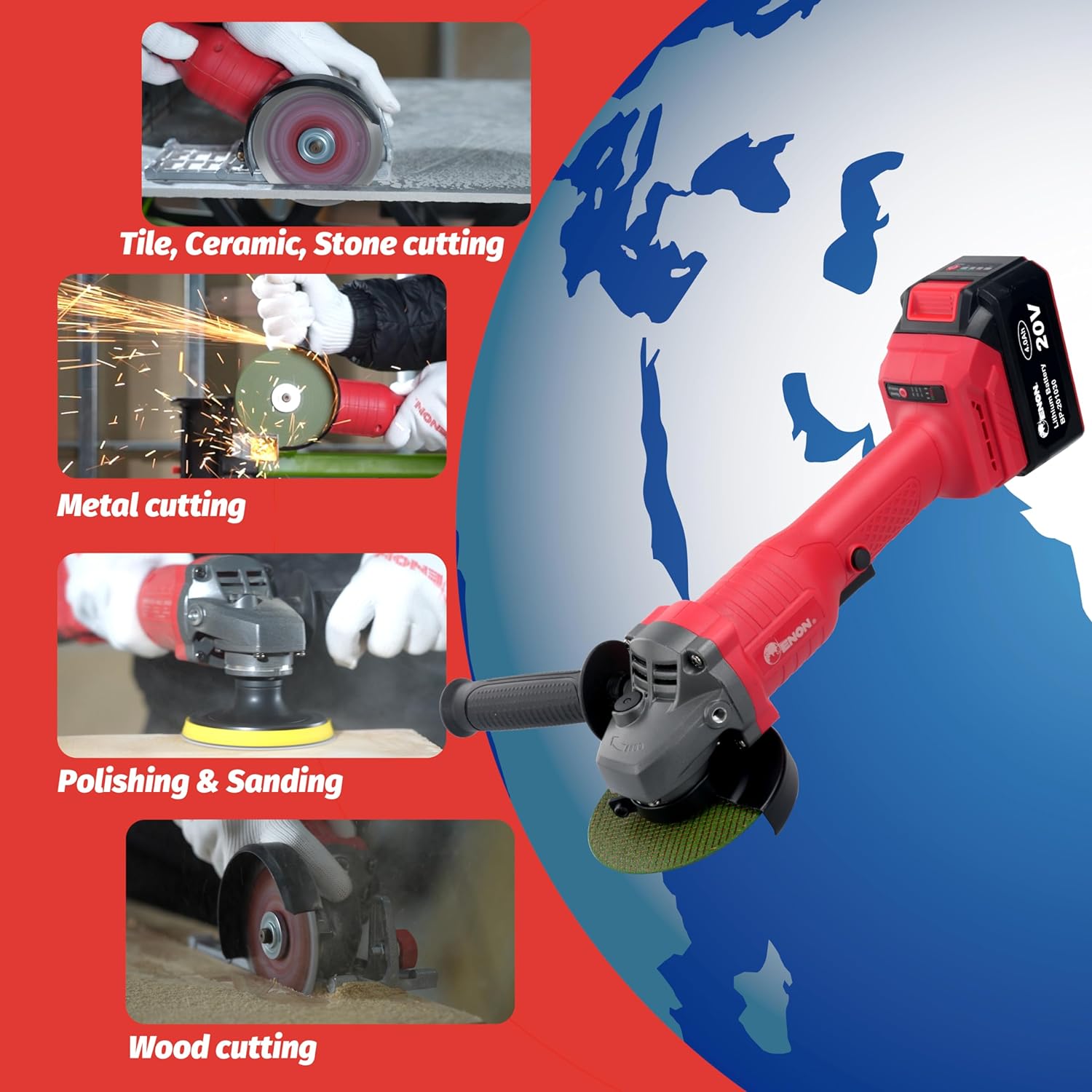Enon Cordless Angle Grinder 700W | 20V Powerful Brushless Motor | 8800 RPM, 4Ah Battery & Charger | Grinding, Metal, Wood, Marble Cutting | Variable Speed Angle Grinder | 21 Pcs Accessories Kit Set
