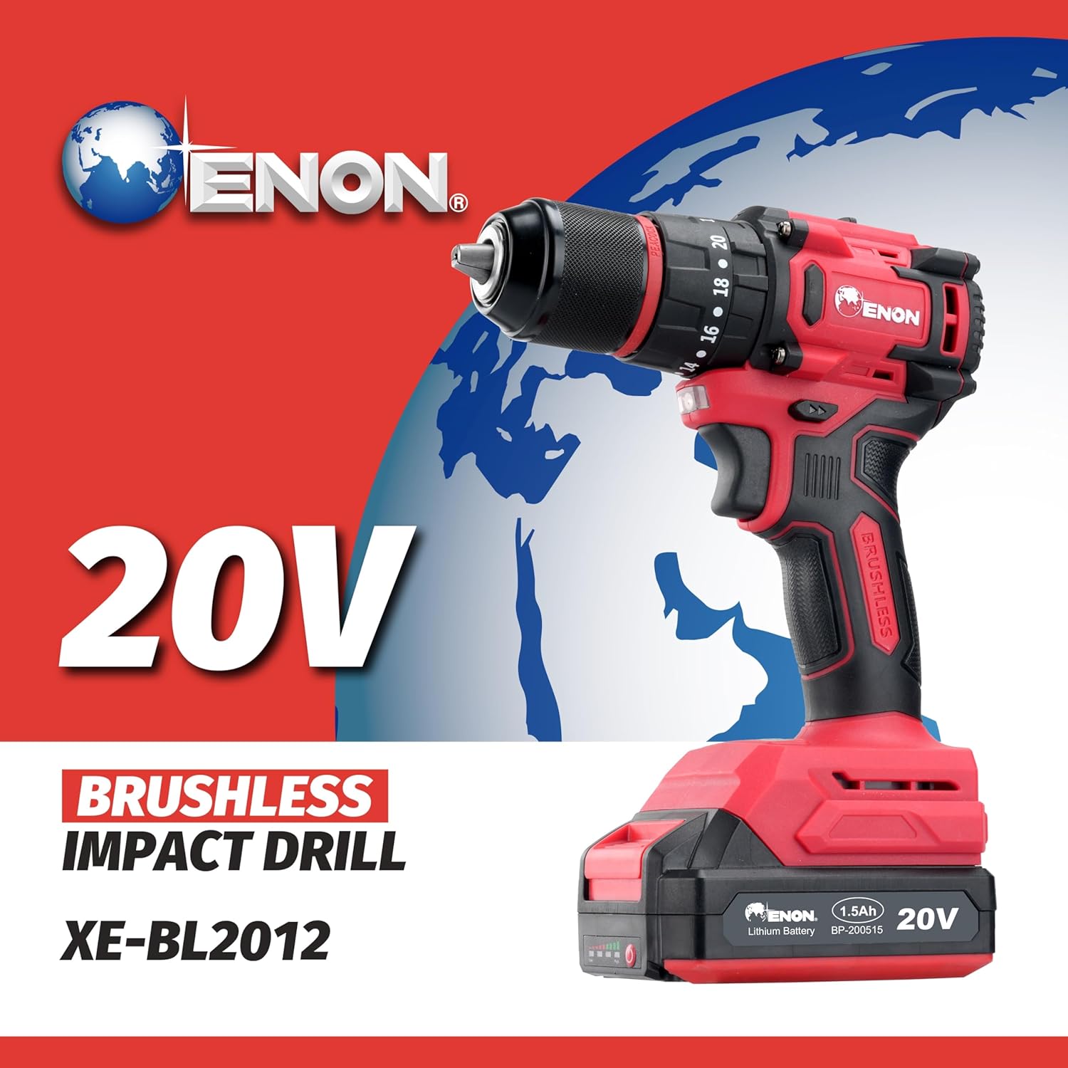 Enon Cordless 20V, Brushless Drill for Home Use, 1450Rpm, Keyless Chuck 13mm, 20 Level Torque, F/R Trigger, 2 Speed Modes, 2X1.5Ah Batteries, Kit for Wood, Ceramic 6 Month Warranty (XE-BL2012)