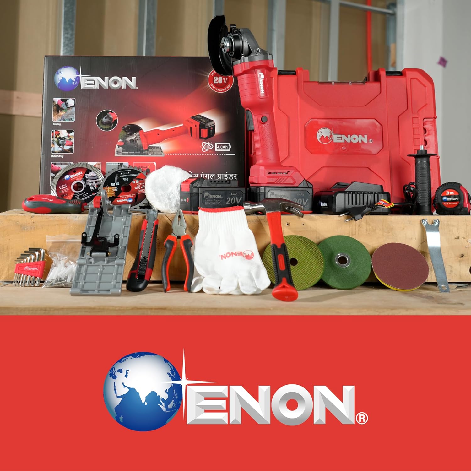 Enon Cordless Angle Grinder 700W | 20V Powerful Brushless Motor | 8800 RPM, 4Ah Battery & Charger | Grinding, Metal, Wood, Marble Cutting | Variable Speed Angle Grinder | 21 Pcs Accessories Kit Set