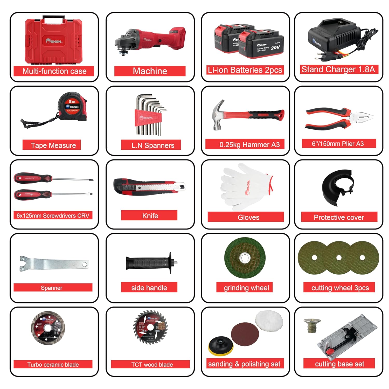 Enon Cordless Angle Grinder 700W | 20V Powerful Brushless Motor | 8800 RPM, 4Ah Battery & Charger | Grinding, Metal, Wood, Marble Cutting | Variable Speed Angle Grinder | 21 Pcs Accessories Kit Set