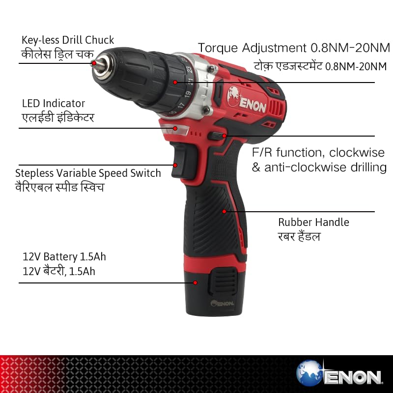 Enon 12V Cordless Drill Machine For Home Use|Cordless Screw Driver Machine|2-Speed, Led, 0-1500Rpm|1-10Mm Chuck For Home Use|Drilling, Wood, Metal And Pvc Etc.|Heavy Duty, 1500 Mah Battery - Black