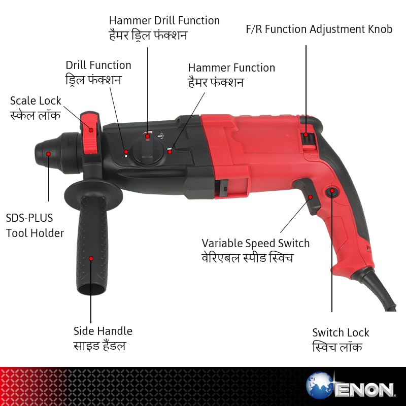 ENON 30mm Hammer Drill Machine 1000W, Reversible & Variable Speed Hammer Drill with Three Functions, 1300 RPM, Drill Chuck Adaptor, Heavy Duty (XE-2301)
