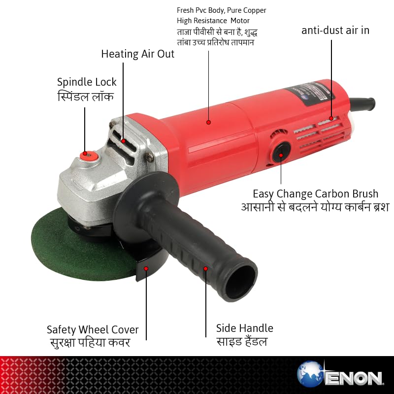 ENON Corded Electric Angle Grinder 850W 12000 RPM with 3 Cutting & 1 Grinder Wheel 100m for Grinding, Polishing & Cutting with 3 Position Side-Handle, for Home & DIY Use, Back Switch (XE-4003)