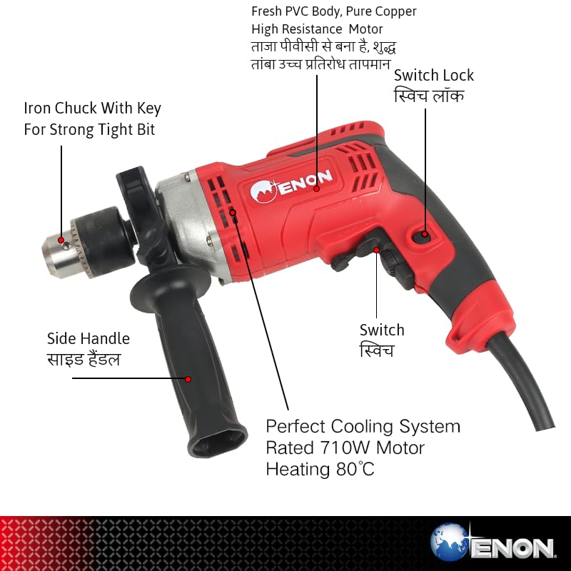 ENON 710W Impact Drill Machine Tool Kit, 86 Pcs Kit Set,13mm Chuck, Strong Drill Bit Kit, Reversible & Variable Speed, Screwdriver Machine, Corded Hammer Drill, Drill Machine Kit Heavy Duty (XE-1301)