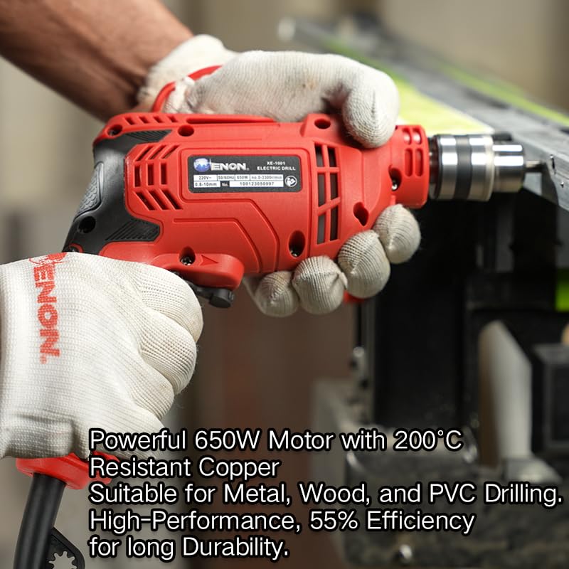 ENON Electric Drill Machine 650W, 10mm Chuck, 3300RPM, Forward/Reverse function, Powerful Machine for Wood, Metal,Heavy Duty, Drilling Machine with Multiple Drill Bits- 6 Months Warranty (XE-1001)