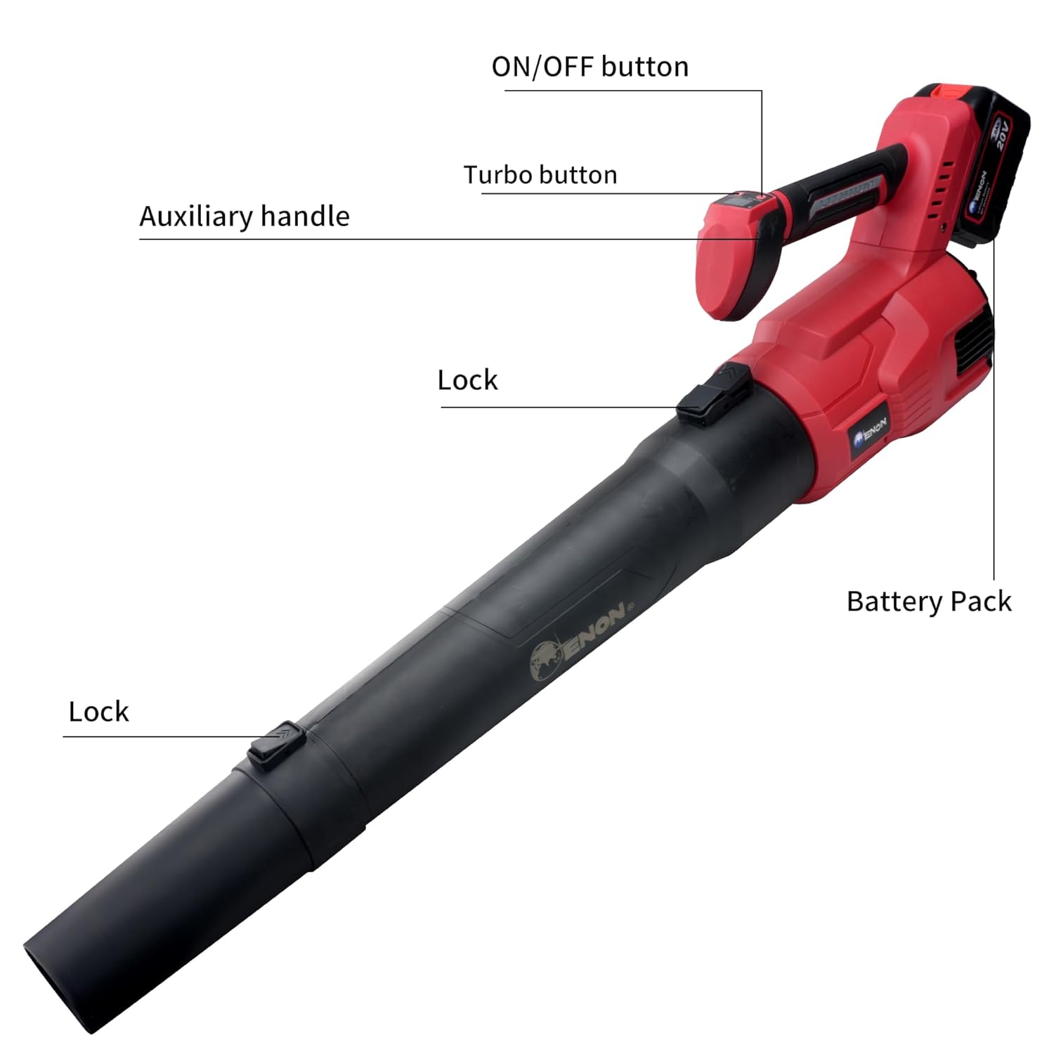 ENON Cordless Air Blower, 20V Multipurpose Portable Long Leaf Blower, Brushless, 5.AH Powerful Batteries, Handheld with Variable Speed for Gardening Works, Car Cleaning, Dust Cleaning (XE-BL6503)