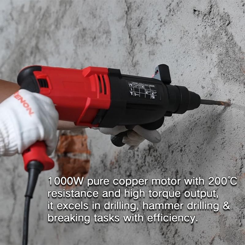 ENON 30mm Hammer Drill Machine 1000W, Reversible & Variable Speed Hammer Drill with Three Functions, 1300 RPM, Drill Chuck Adaptor, Heavy Duty (XE-2301)