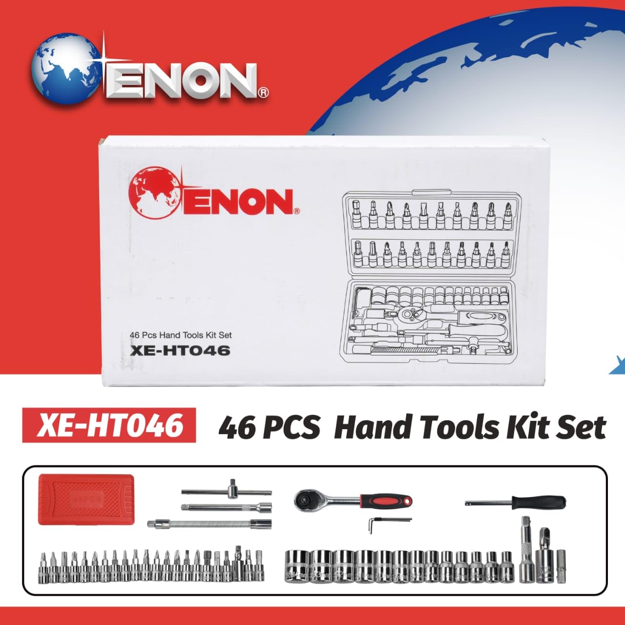 ENON Hand Tool Kit (46 Pcs) Household|1/4 Drive Socket|Screwdriver Wrench Set For Bike,Car Repairs&More|Spanner&Socket Set|All Size Tool Kit Goti Pana Set|Perfect For Diy Enthusiasts,Red