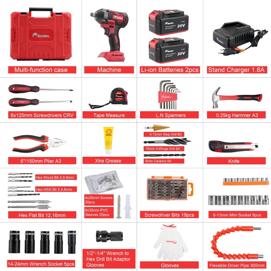 ENON 20V Cordless Impact Wrench Drill Kit 102 Pcs Accessories | Powerful Brushless Motor | 410NM Torque | 1/2 Inch | LED Light | Reverse & Forward Rotation | 2Pcs Li-ion Batteries | Power Tools