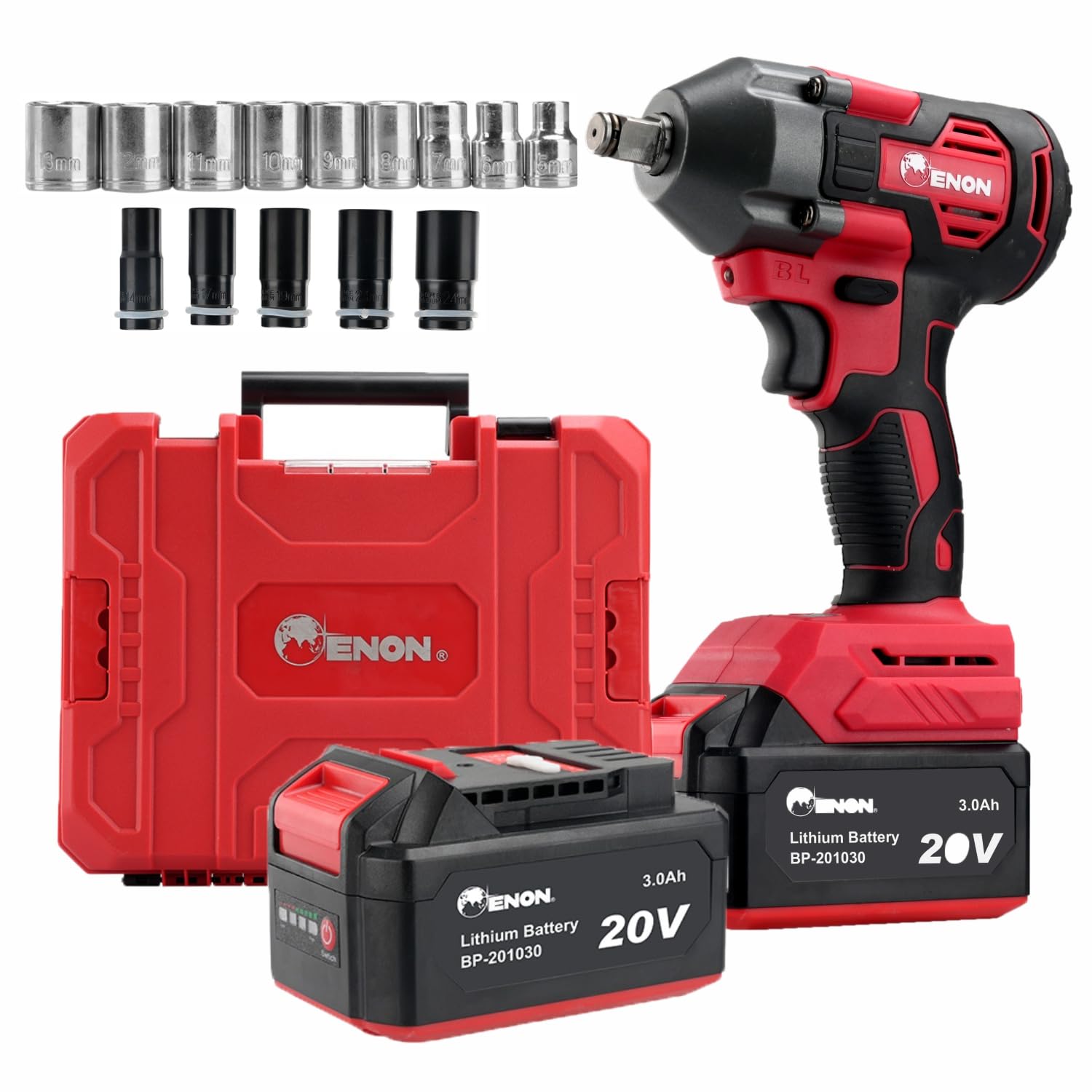 ENON 20V Cordless Impact Wrench Drill Kit 102 Pcs Accessories | Powerful Brushless Motor | 410NM Torque | 1/2 Inch | LED Light | Reverse & Forward Rotation | 2Pcs Li-ion Batteries | Power Tools