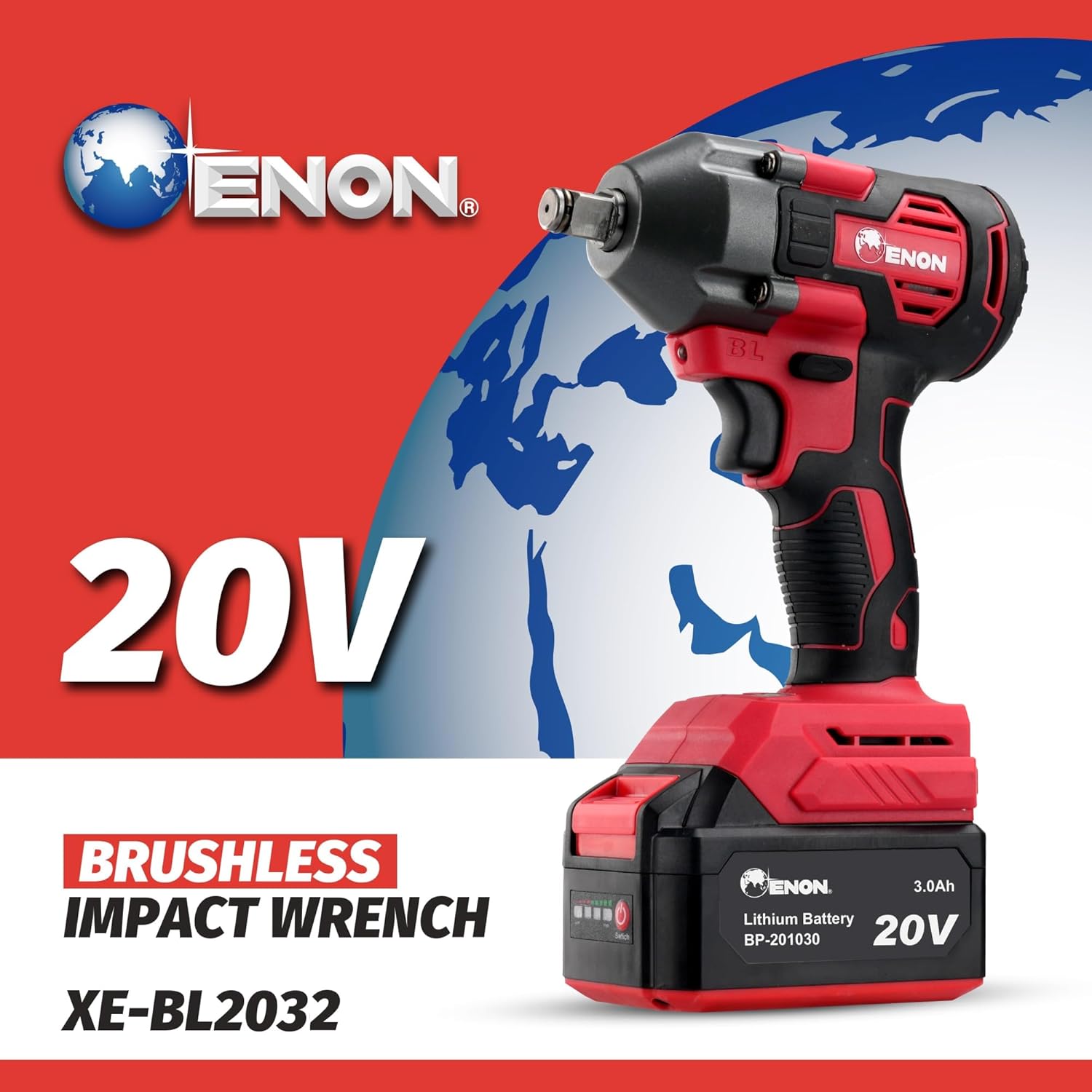 ENON 20V Impact Wrench Cordless Kit, 410Nm Torque, Powerful Motor, 2x3.0Ah Batteries, 5 wrench sockets, F/R, Brushless, Woodworking Tool, Drill, Screwdriver - 6 Month Warranty (XE-BL2032)