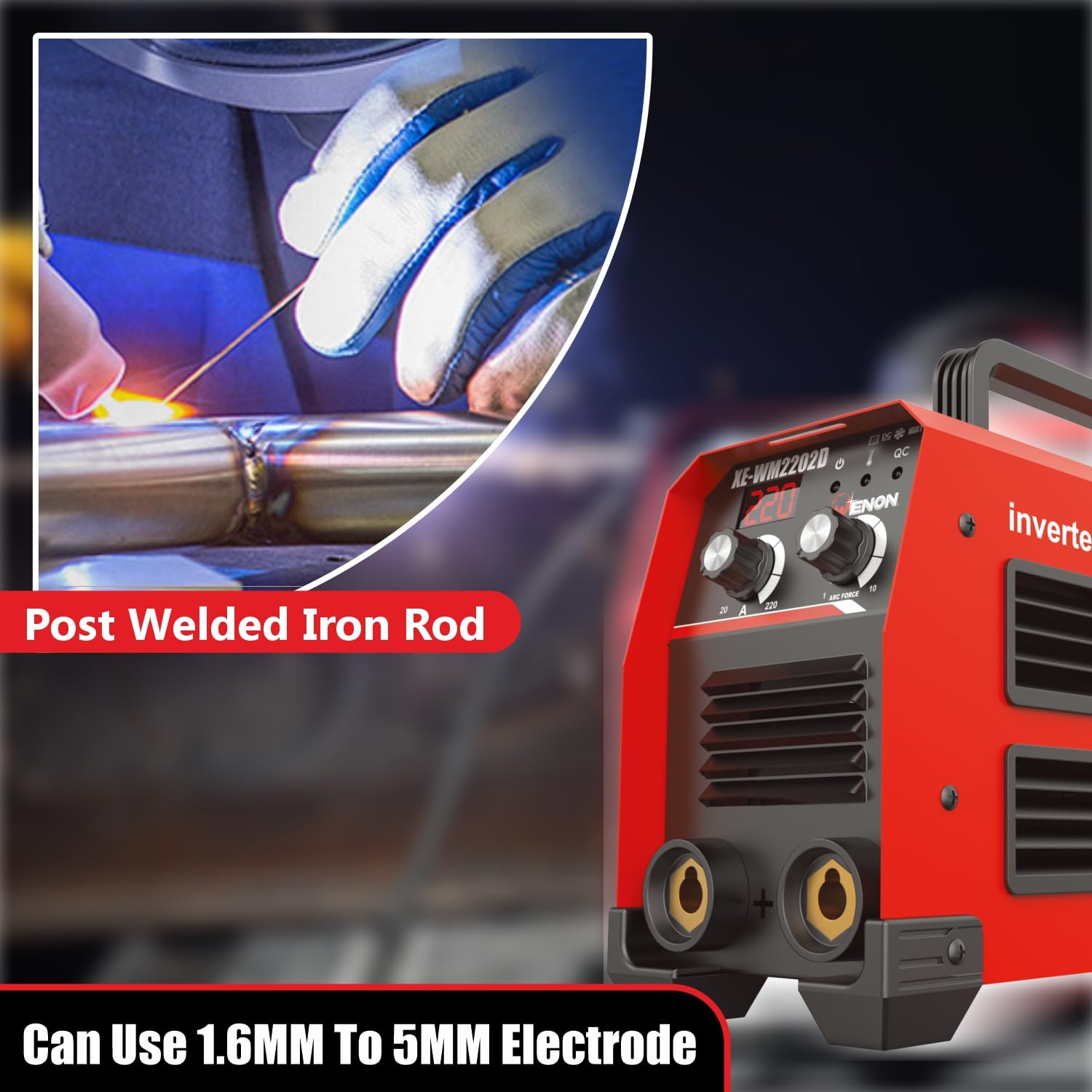 ENON 220A ARC Welding Machine Dual Phase Professional Inverter, 10800W Advanced IGBT Hot Start, Anti-Stick, LED Display, Portable/Compact Welding Machine for Home Use/DIY (XE-WM2202D)