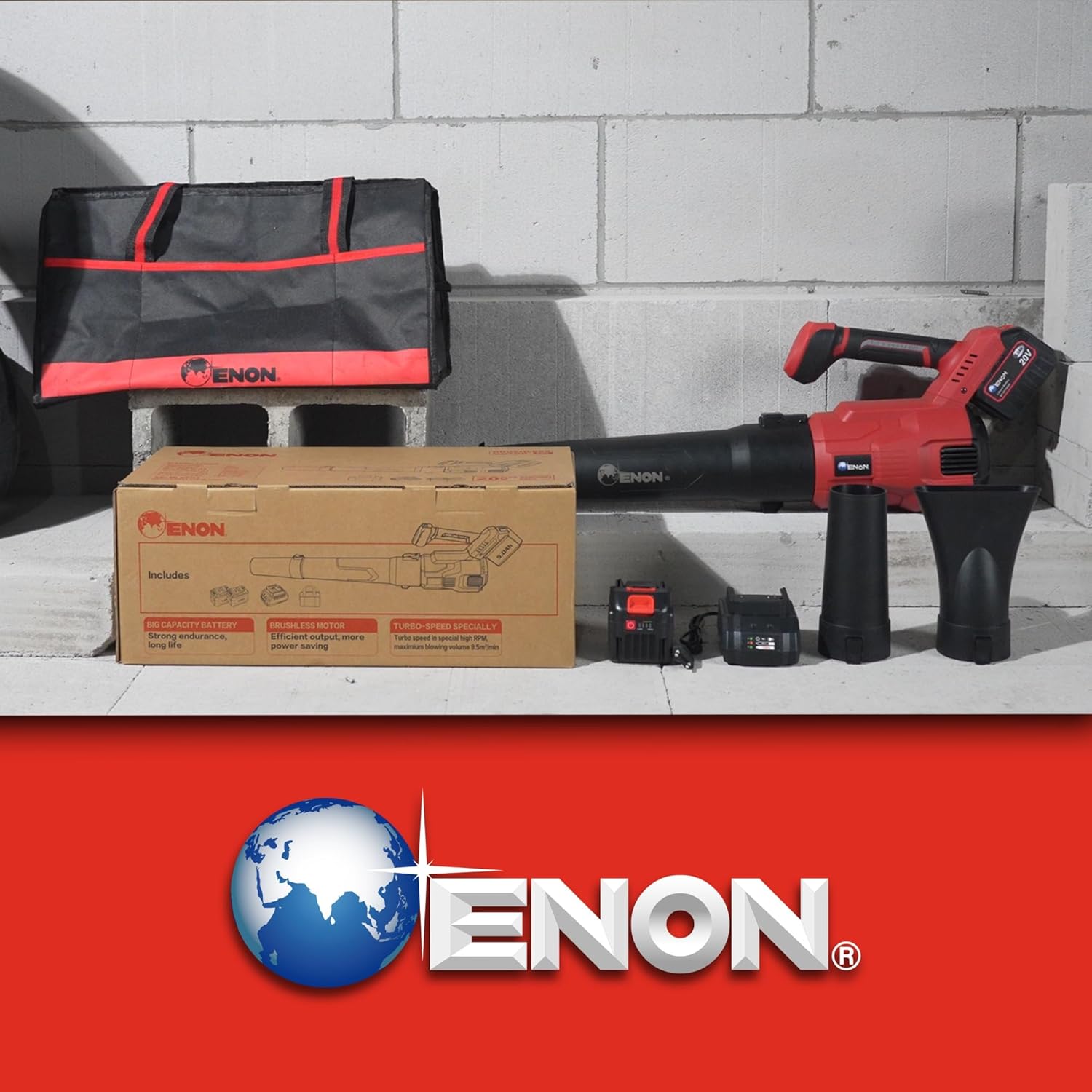 ENON Cordless Air Blower, 20V Multipurpose Portable Long Leaf Blower, Brushless, 5.AH Powerful Batteries, Handheld with Variable Speed for Gardening Works, Car Cleaning, Dust Cleaning (XE-BL6503)