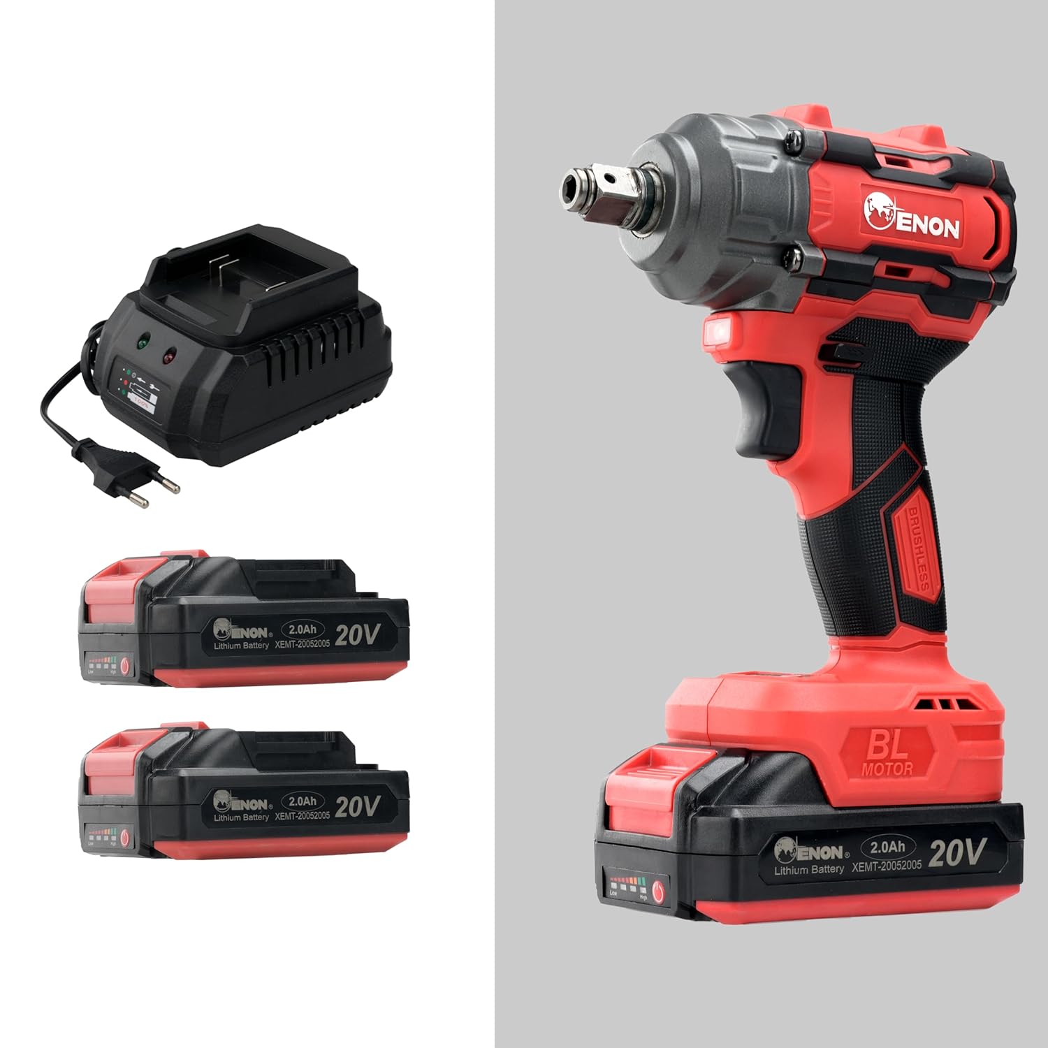 ENON 20V Impact Wrench Cordless Kit, 300Nm Torque, Powerful Motor, 2xLi-Ion 2.0Ah Batteries, 5 wrench sockets, F/R, Brushless, Woodworking Tool, Drill, Screwdriver - 6 Month Warranty (XE-BL2031)