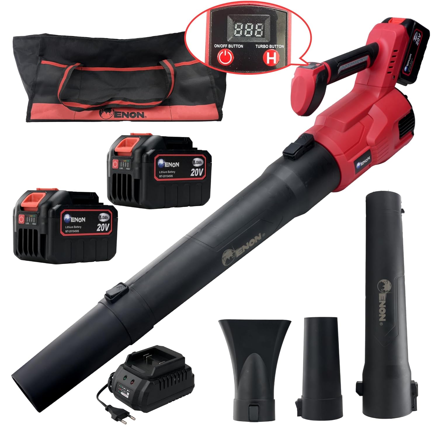 ENON Cordless Air Blower, 20V Multipurpose Portable Long Leaf Blower, Brushless, 5.AH Powerful Batteries, Handheld with Variable Speed for Gardening Works, Car Cleaning, Dust Cleaning (XE-BL6503)