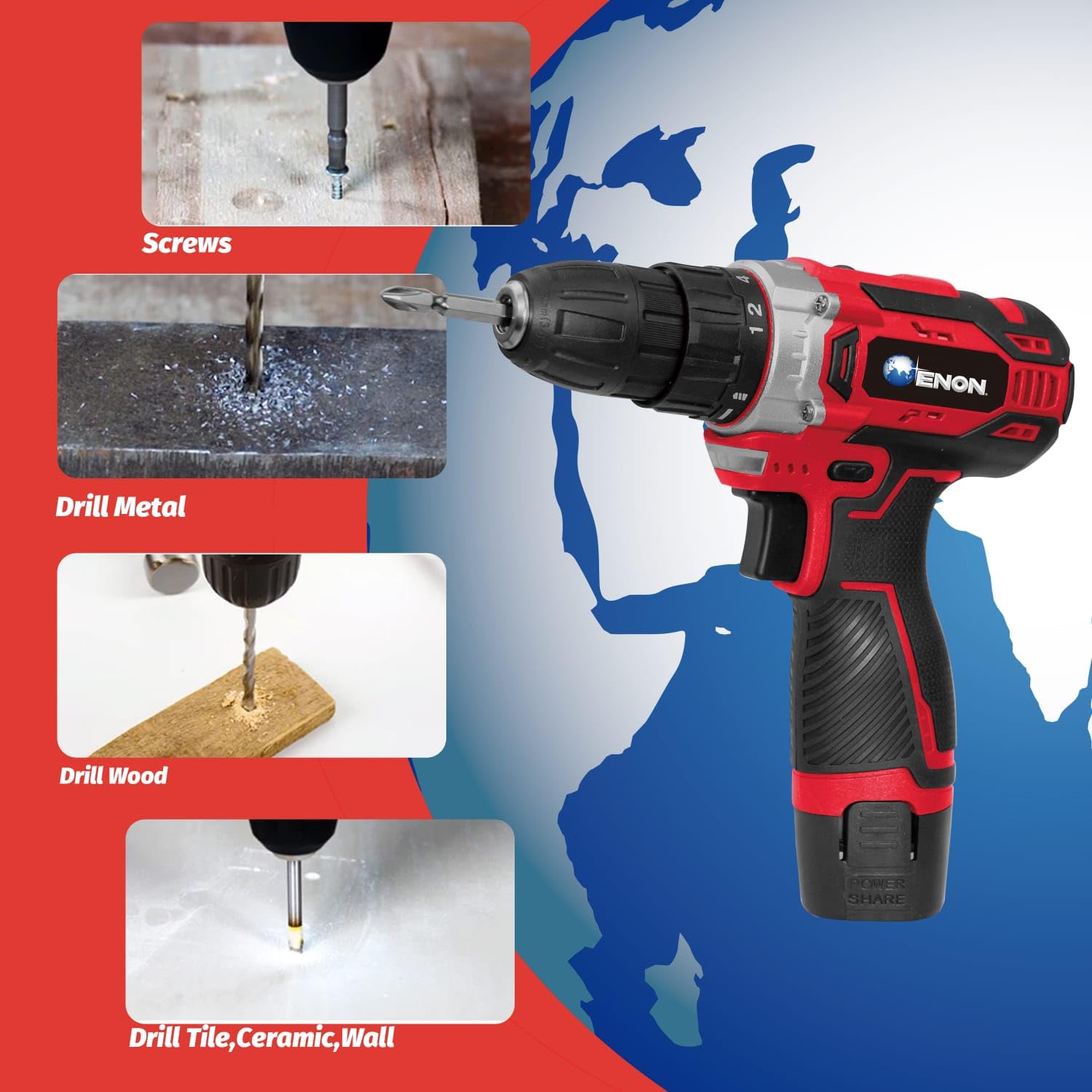 Enon 12V Cordless Drill Machine For Home Use|Cordless Screw Driver Machine|2-Speed, Led, 0-1500Rpm|1-10Mm Chuck For Home Use|Drilling, Wood, Metal And Pvc Etc.|Heavy Duty, 1500 Mah Battery - Black