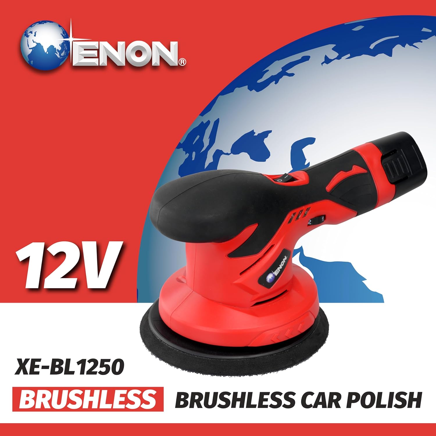 ENON 12v Cordless Car Polisher Kit Set, 2500-5000 RPM, 2X Battery, Brushless Car Polishing Machine, Buffer Polisher with 6 Variable Speeds, Sander for Car Waxing Buffing Scratch Repairing (XE-BL 1250)