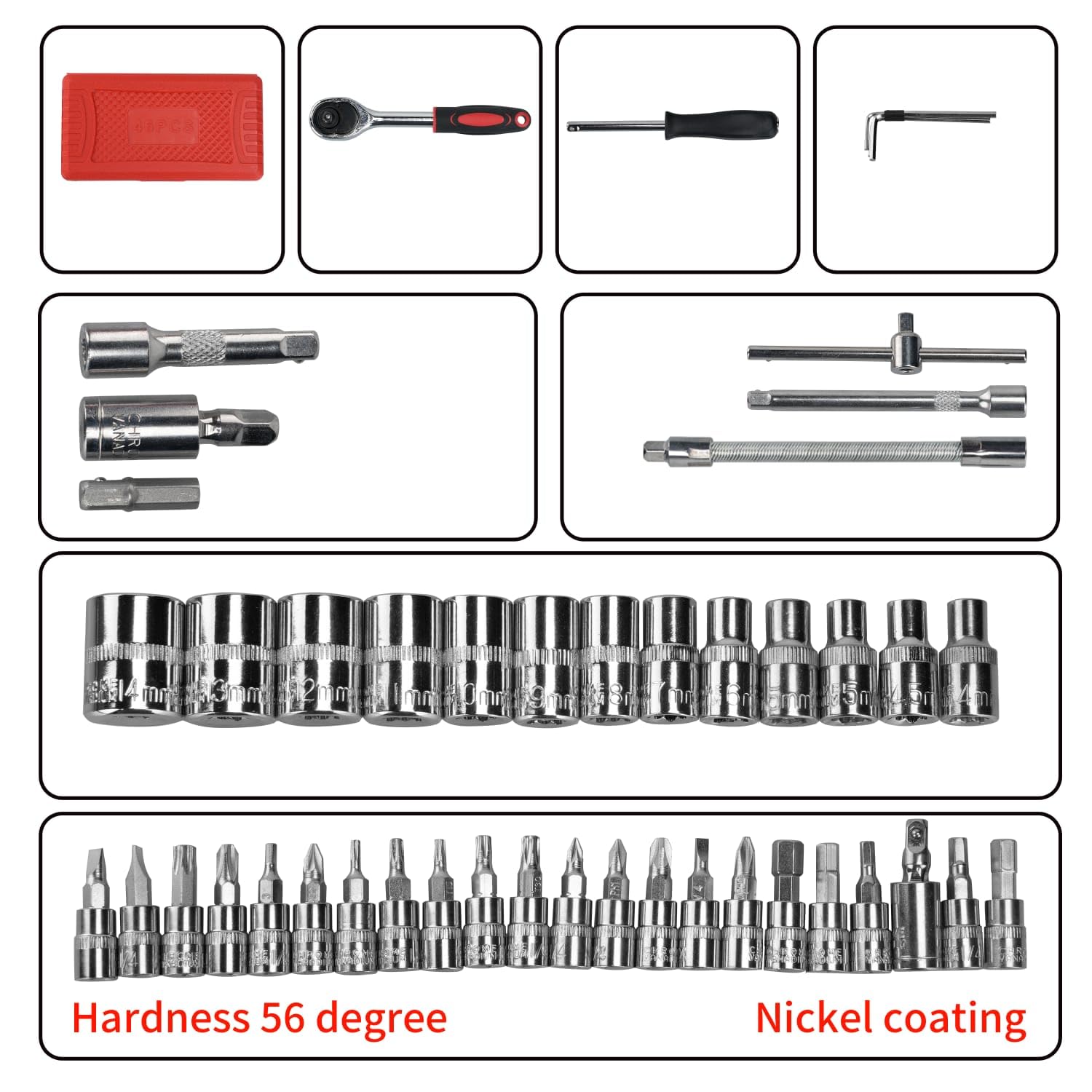 ENON Hand Tool Kit (46 Pcs) Household|1/4 Drive Socket|Screwdriver Wrench Set For Bike,Car Repairs&More|Spanner&Socket Set|All Size Tool Kit Goti Pana Set|Perfect For Diy Enthusiasts,Red