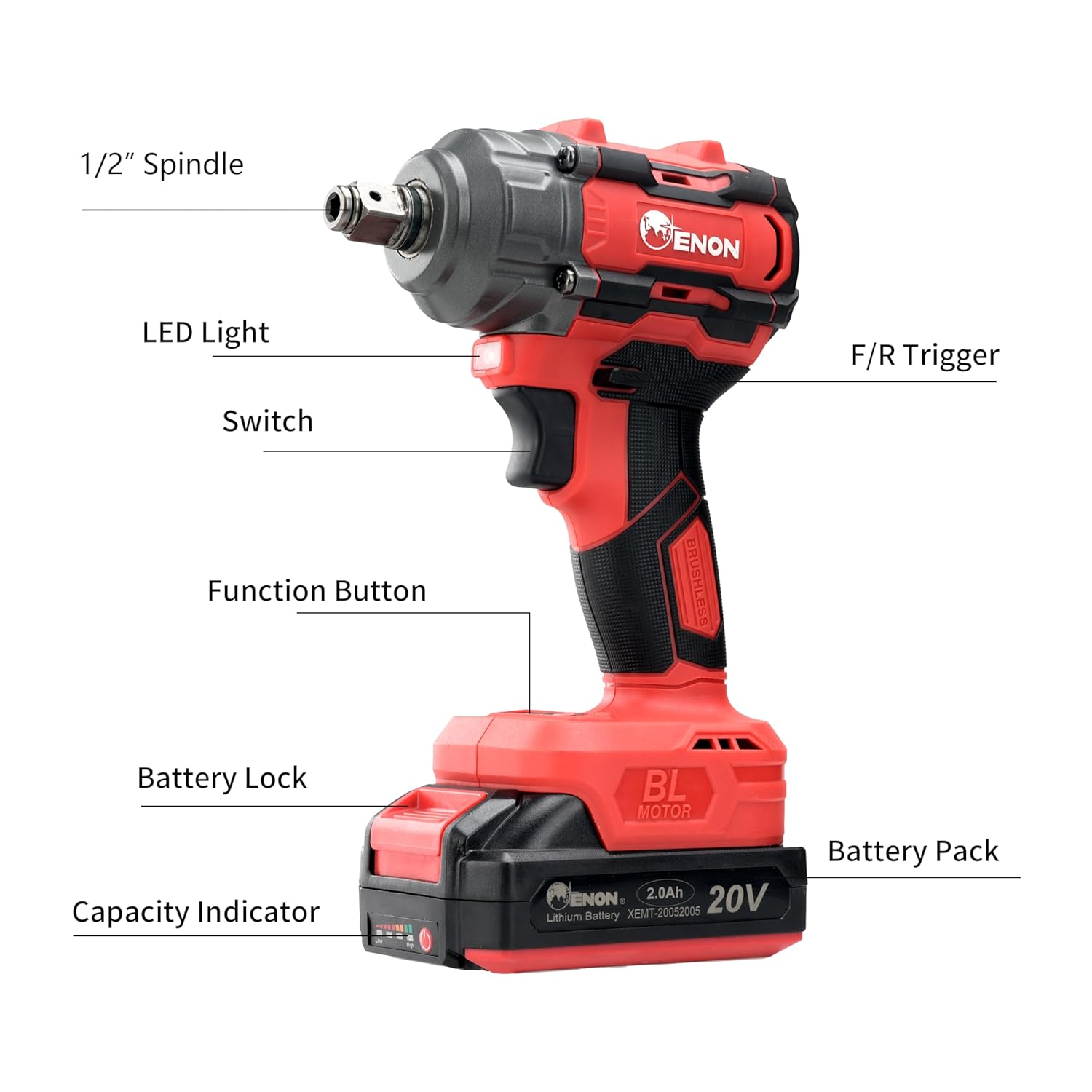 ENON 20V Impact Wrench Cordless Kit, 300Nm Torque, Powerful Motor, 2xLi-Ion 2.0Ah Batteries, 5 wrench sockets, F/R, Brushless, Woodworking Tool, Drill, Screwdriver - 6 Month Warranty (XE-BL2031)