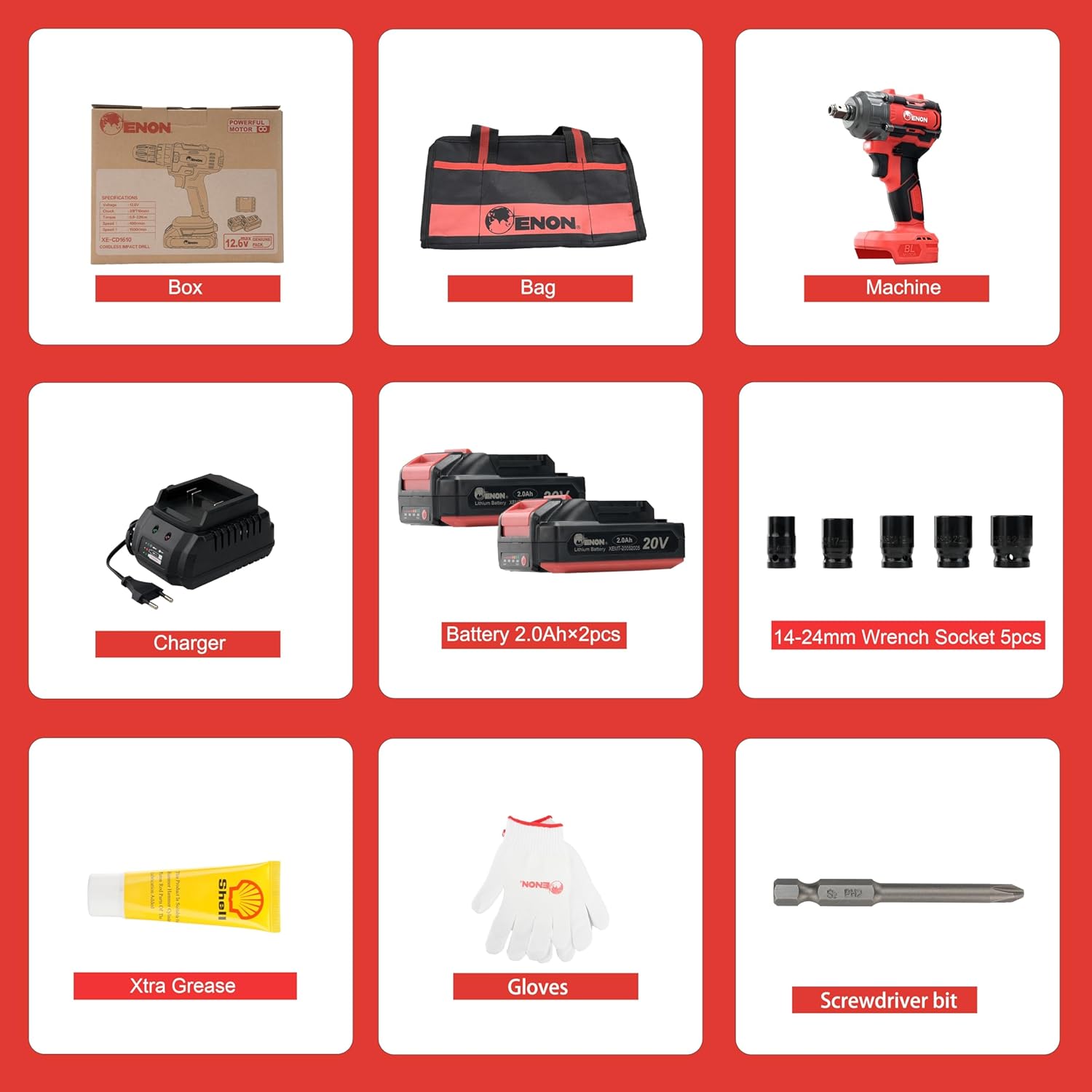 ENON 20V Impact Wrench Cordless Kit, 300Nm Torque, Powerful Motor, 2xLi-Ion 2.0Ah Batteries, 5 wrench sockets, F/R, Brushless, Woodworking Tool, Drill, Screwdriver - 6 Month Warranty (XE-BL2031)