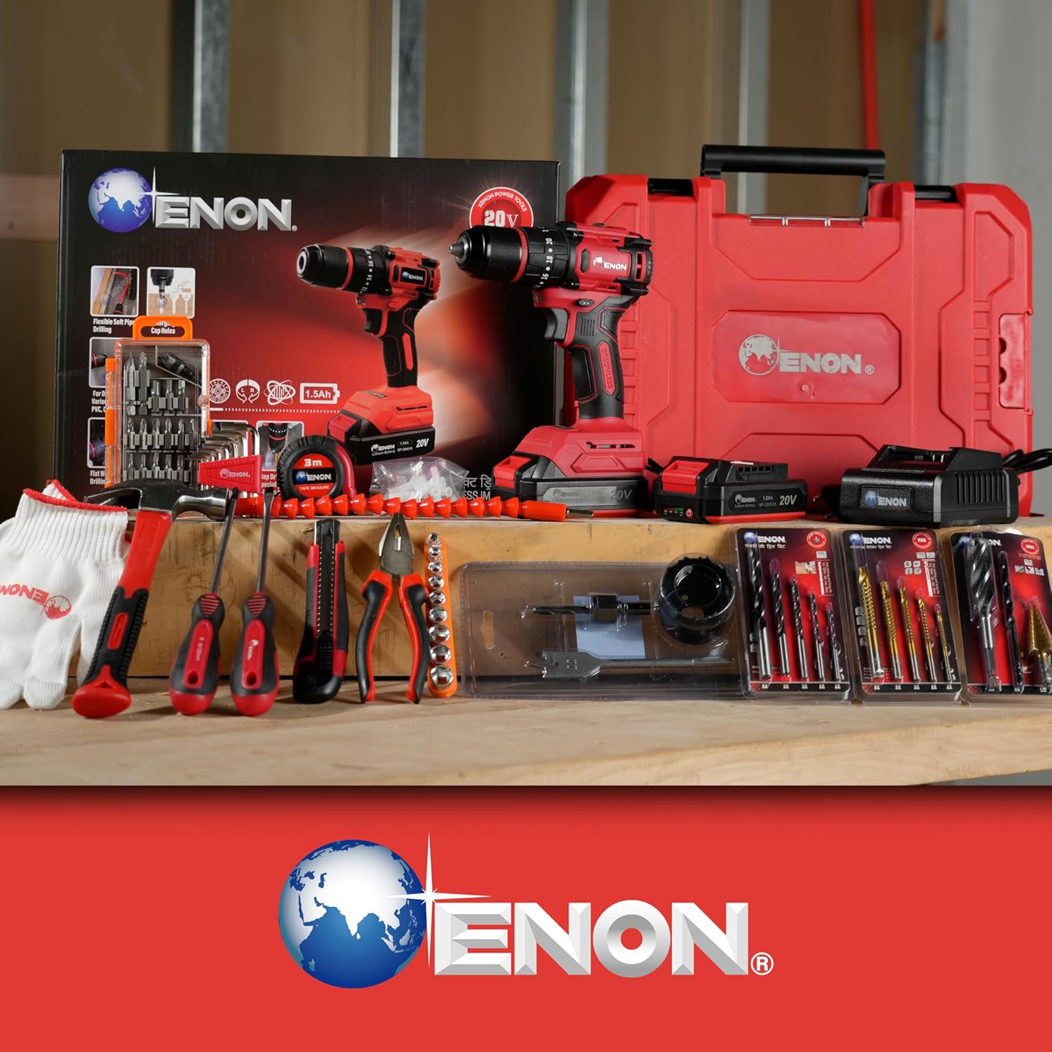 ENON Cordless Impact Drill 20V|1450 Rpm|Powerfull Brushless Motor|45Nm Torque|3X Setting Mode|2X Speed Mode|13Mm Chuck, Reversible Variable Speed, Strong Fastening Drill Bit,Multicolor