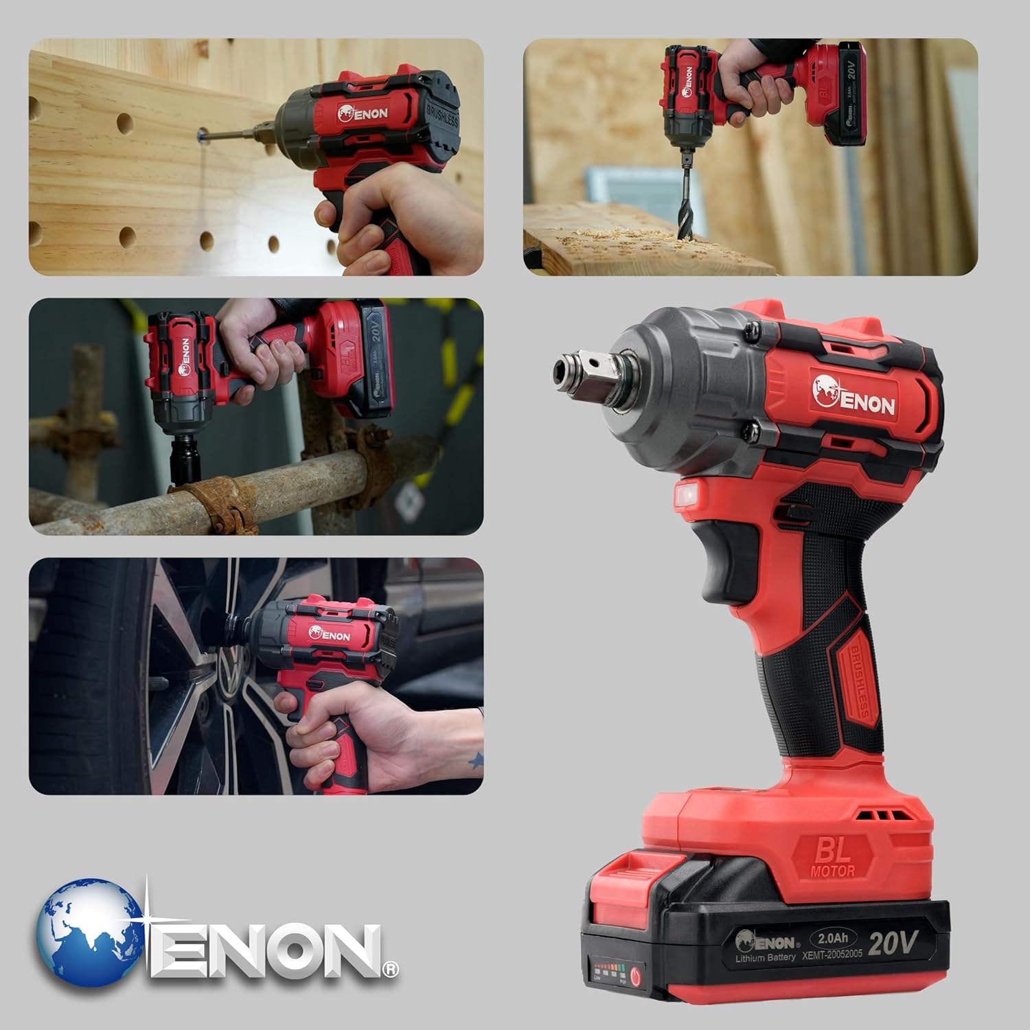 ENON 20V Impact Wrench Cordless Kit, 300Nm Torque, Powerful Motor, 2xLi-Ion 2.0Ah Batteries, 5 wrench sockets, F/R, Brushless, Woodworking Tool, Drill, Screwdriver - 6 Month Warranty (XE-BL2031)