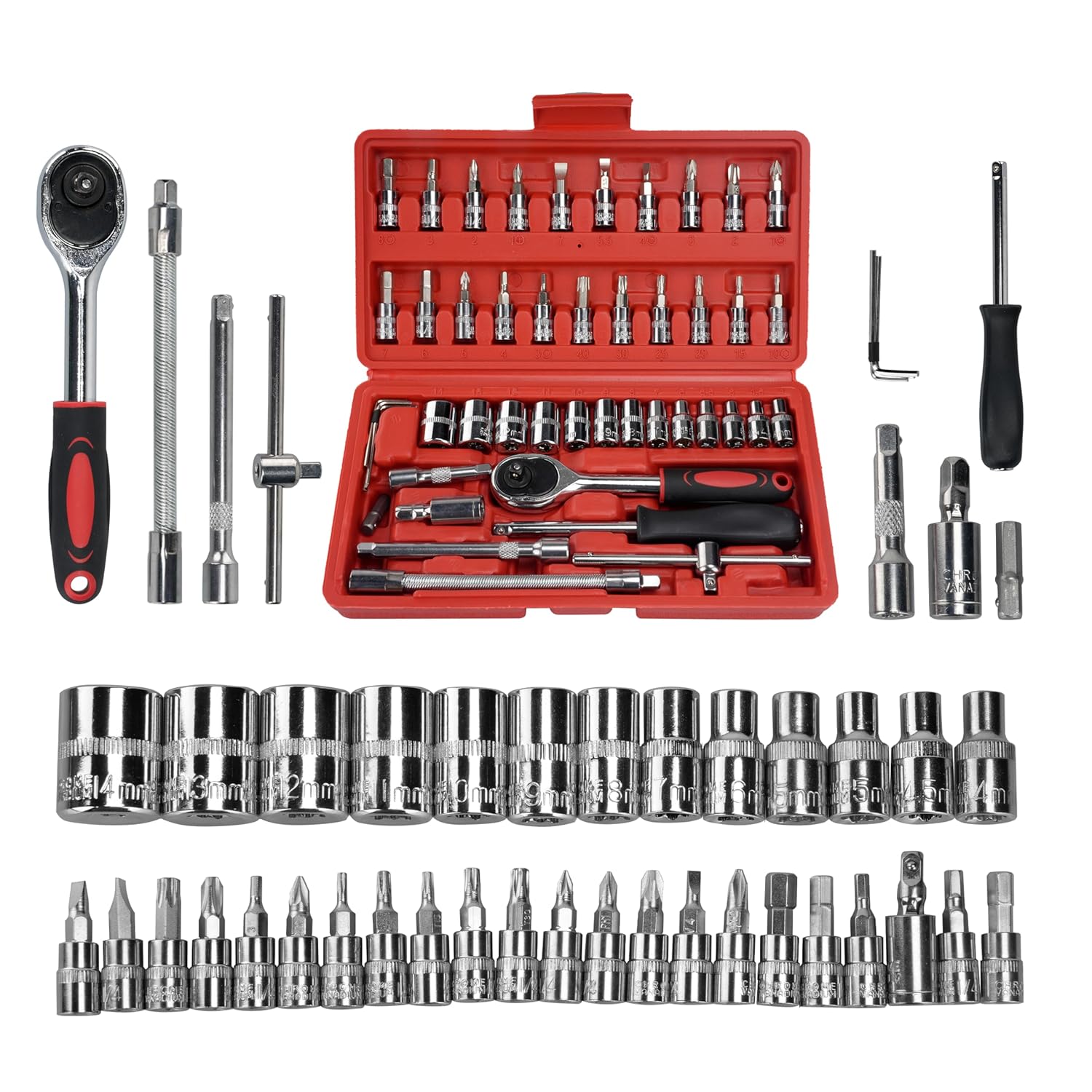 ENON Hand Tool Kit (46 Pcs) Household|1/4 Drive Socket|Screwdriver Wrench Set For Bike,Car Repairs&More|Spanner&Socket Set|All Size Tool Kit Goti Pana Set|Perfect For Diy Enthusiasts,Red