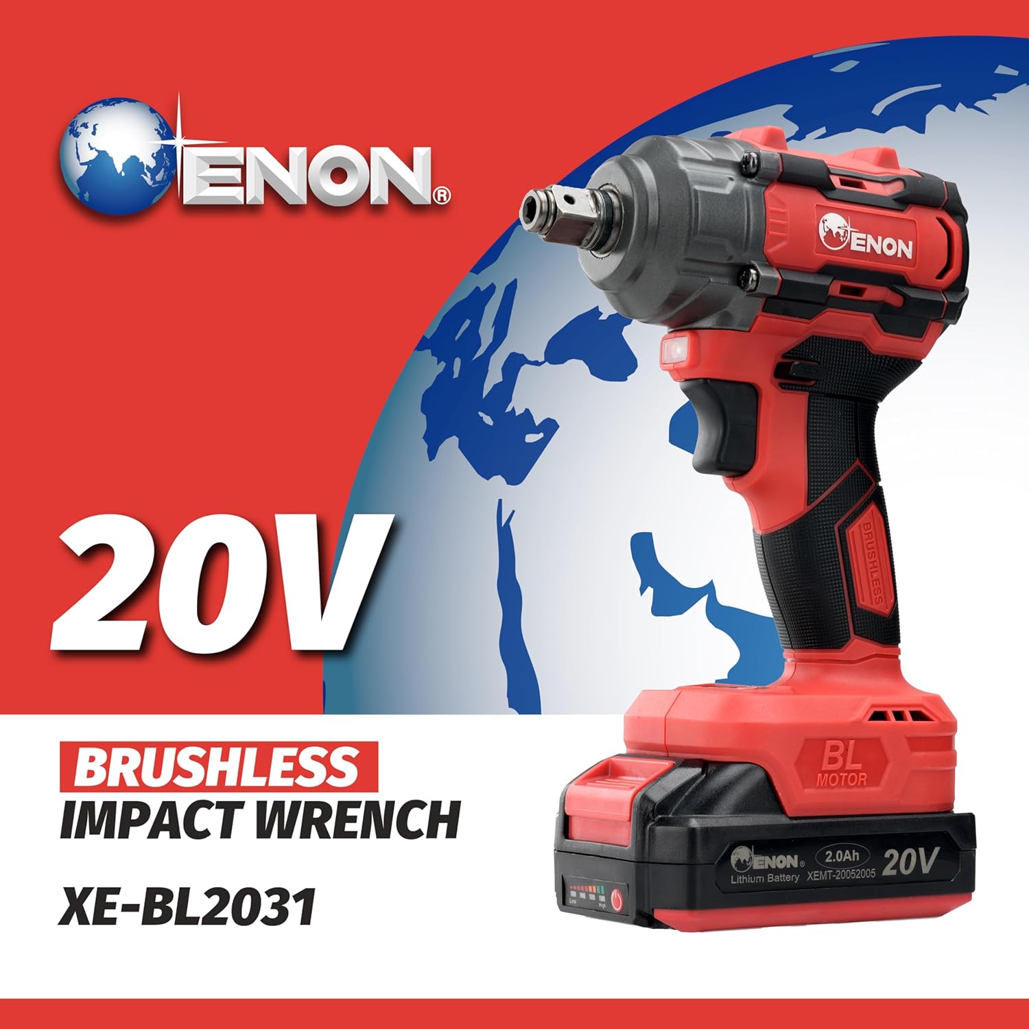 ENON 20V Impact Wrench Cordless Kit, 300Nm Torque, Powerful Motor, 2xLi-Ion 2.0Ah Batteries, 5 wrench sockets, F/R, Brushless, Woodworking Tool, Drill, Screwdriver - 6 Month Warranty (XE-BL2031)