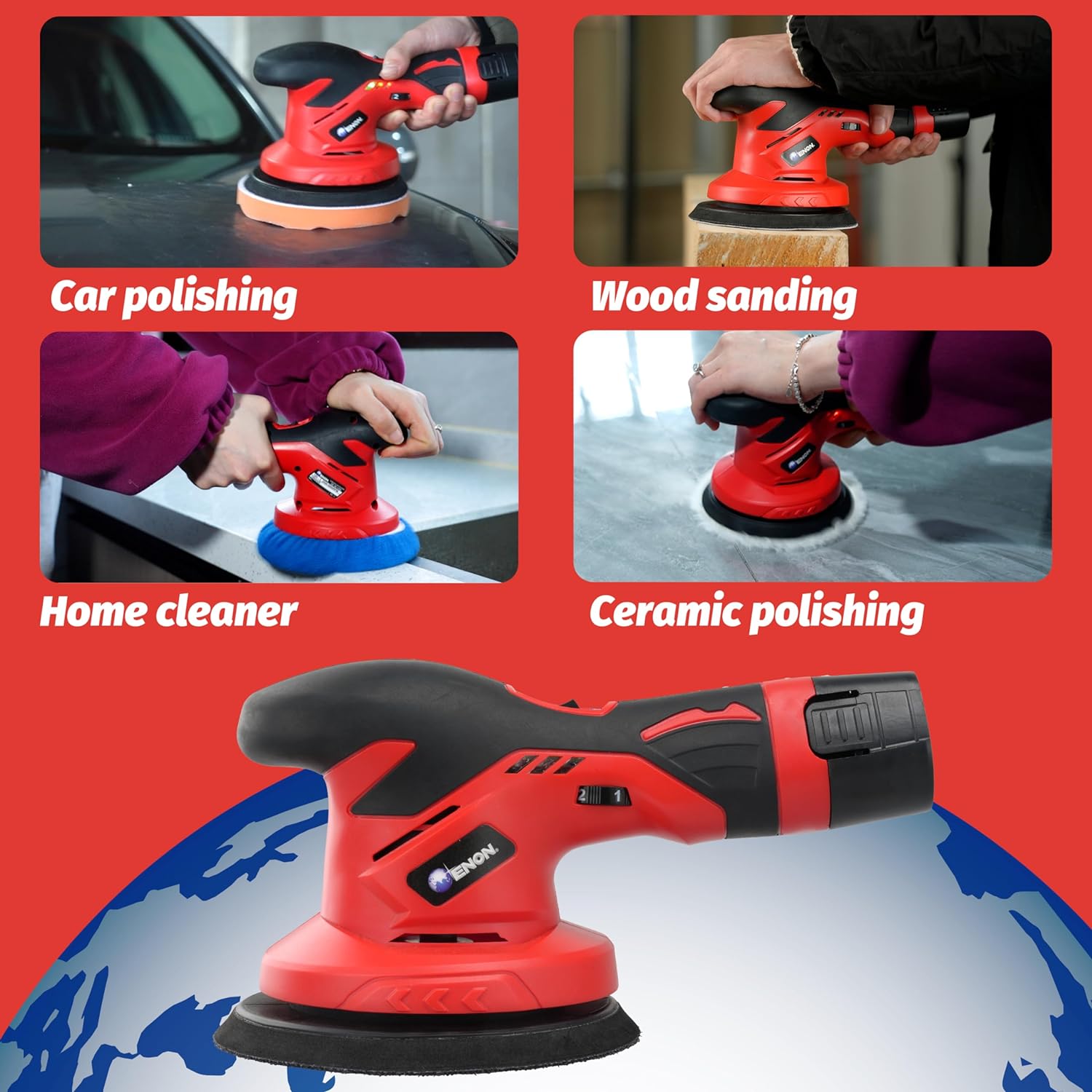 ENON 12v Cordless Car Polisher Kit Set, 2500-5000 RPM, 2X Battery, Brushless Car Polishing Machine, Buffer Polisher with 6 Variable Speeds, Sander for Car Waxing Buffing Scratch Repairing (XE-BL 1250)