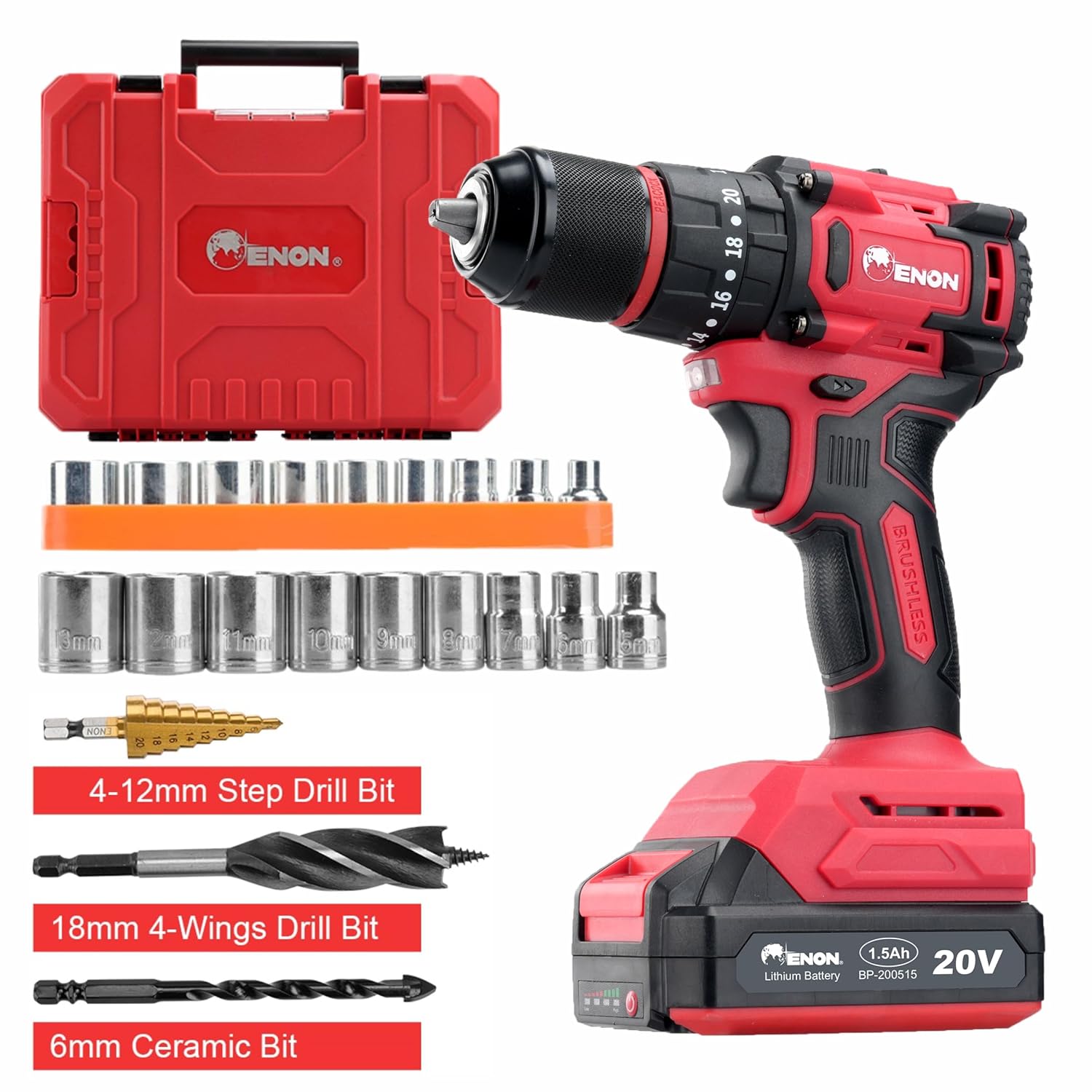 ENON Cordless Impact Drill 20V|1450 Rpm|Powerfull Brushless Motor|45Nm Torque|3X Setting Mode|2X Speed Mode|13Mm Chuck, Reversible Variable Speed, Strong Fastening Drill Bit,Multicolor