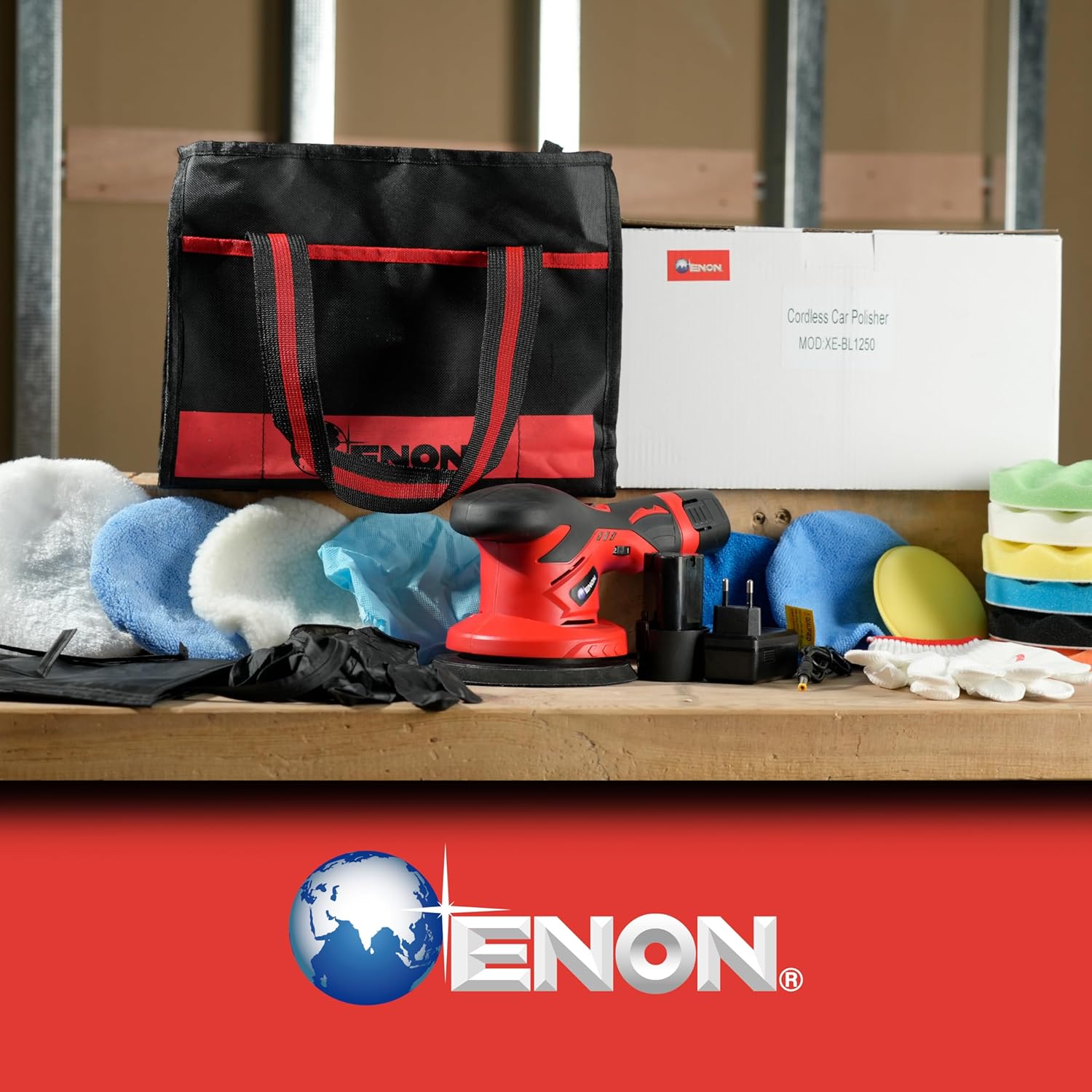 ENON 12v Cordless Car Polisher Kit Set, 2500-5000 RPM, 2X Battery, Brushless Car Polishing Machine, Buffer Polisher with 6 Variable Speeds, Sander for Car Waxing Buffing Scratch Repairing (XE-BL 1250)