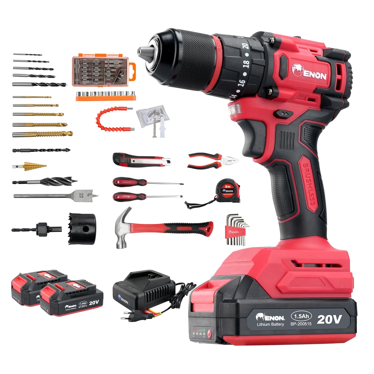 ENON Cordless Impact Drill 20V|1450 Rpm|Powerfull Brushless Motor|45Nm Torque|3X Setting Mode|2X Speed Mode|13Mm Chuck, Reversible Variable Speed, Strong Fastening Drill Bit,Multicolor