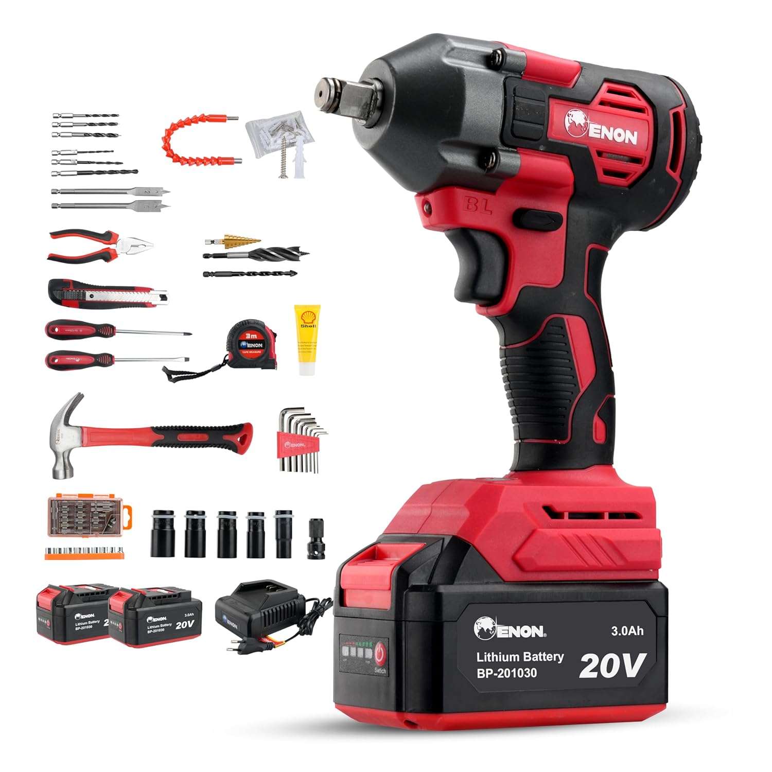 ENON 20V Cordless Impact Wrench Drill Kit 102 Pcs Accessories | Powerful Brushless Motor | 410NM Torque | 1/2 Inch | LED Light | Reverse & Forward Rotation | 2Pcs Li-ion Batteries | Power Tools