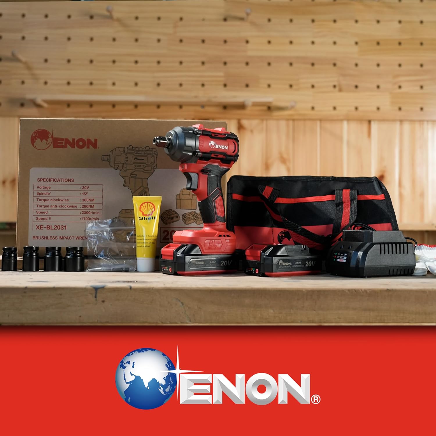ENON 20V Impact Wrench Cordless Kit, 300Nm Torque, Powerful Motor, 2xLi-Ion 2.0Ah Batteries, 5 wrench sockets, F/R, Brushless, Woodworking Tool, Drill, Screwdriver - 6 Month Warranty (XE-BL2031)